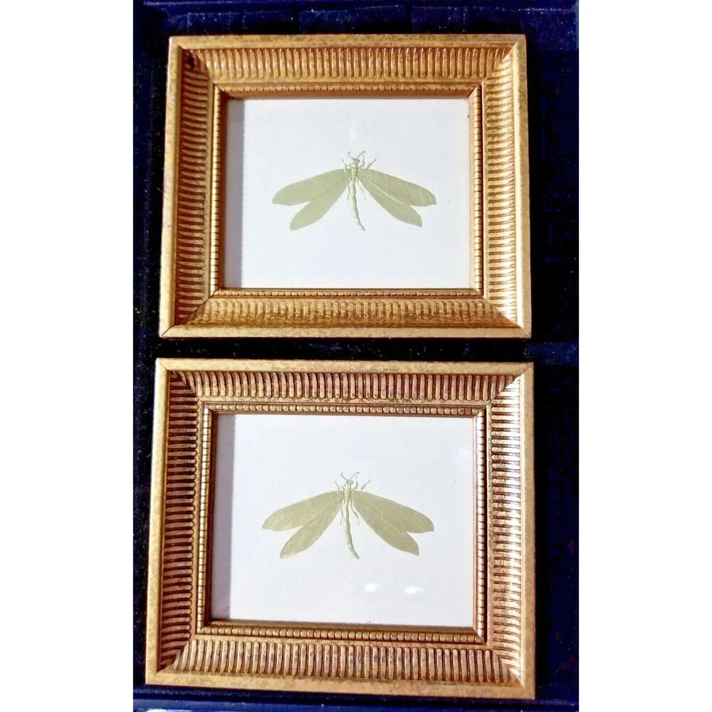 Gold Wood Framed Dragonfly Wall Art Home Decor Set of 2 Gold Dragonfly